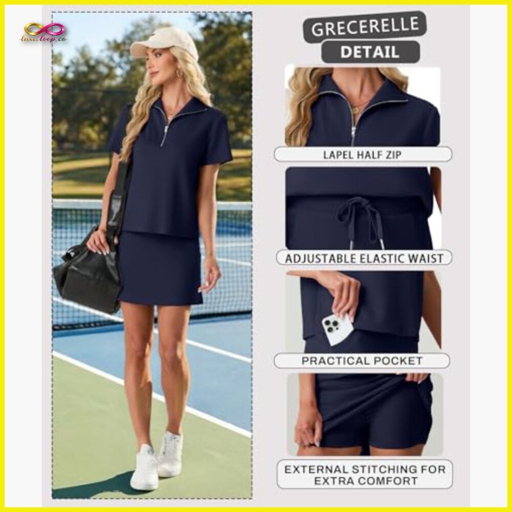 Athletic Skort Set Half Zip Top Slim Fit Tennis Workout Outfit - Picture 3 of 7